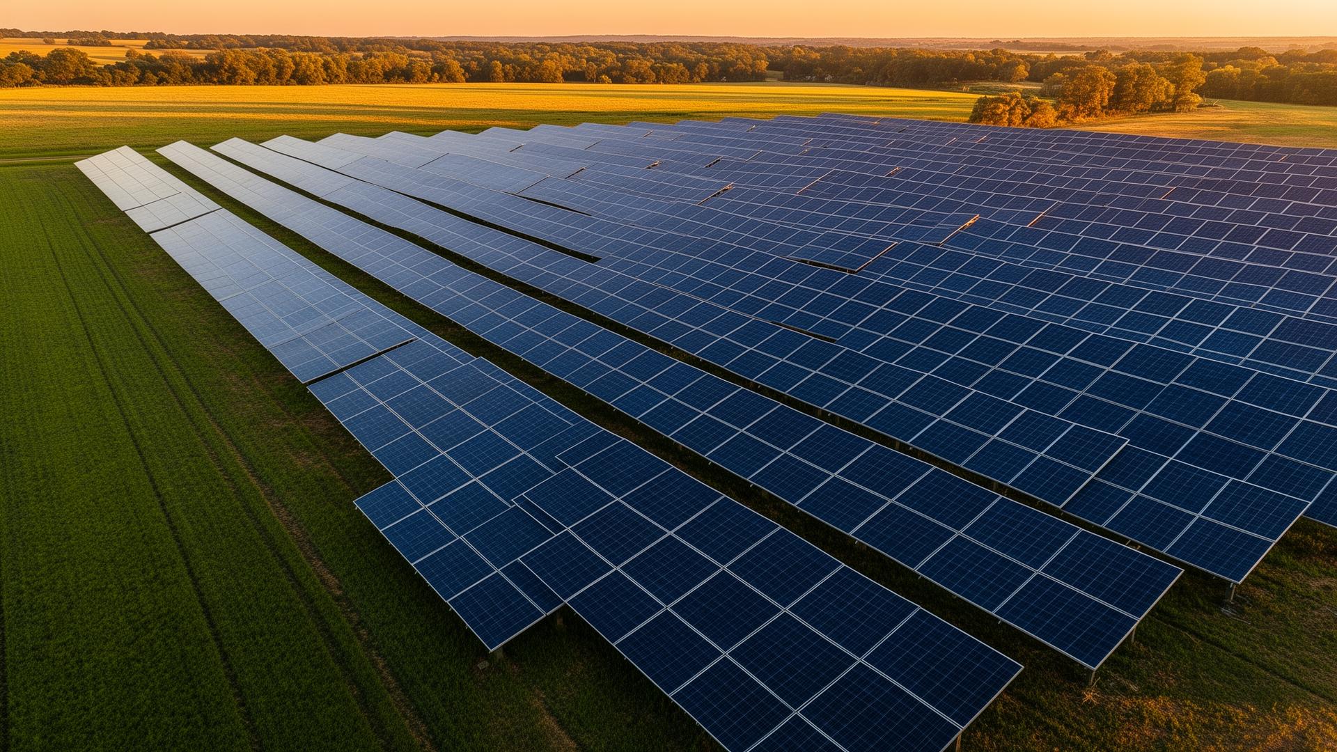 Aerial view of a large solar panel farm at golden hour
